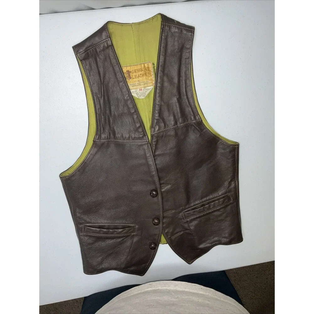 Vintage‎ Genuine Leather By Berman Buckskin Leather Vest 70s Rider Biker Sz 36